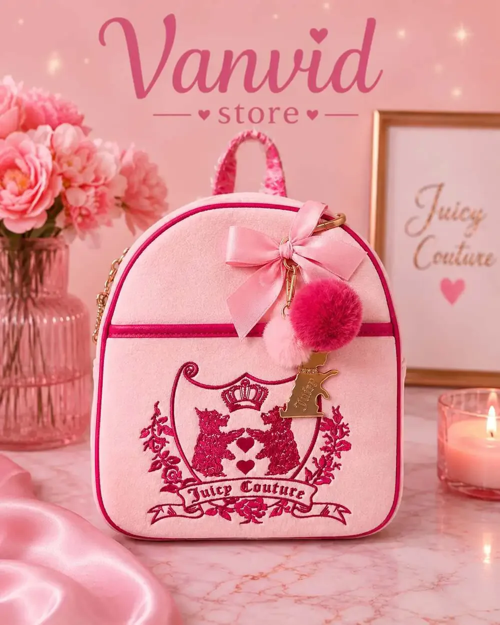 Juicy Couture Pink Velour Backpack with Logo Embroidery
